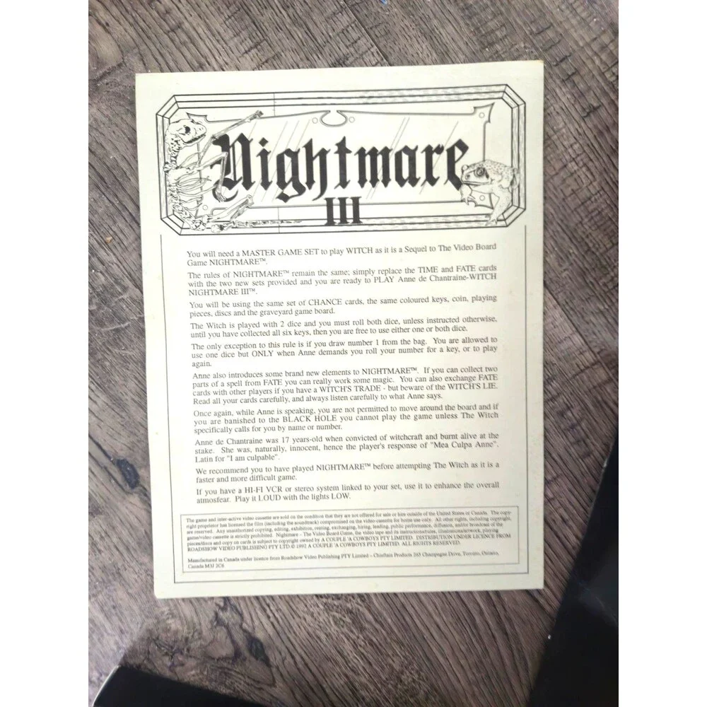 Vintage 1992 Nightmare III Video Board Game VHS Anne De Chantraine Witch